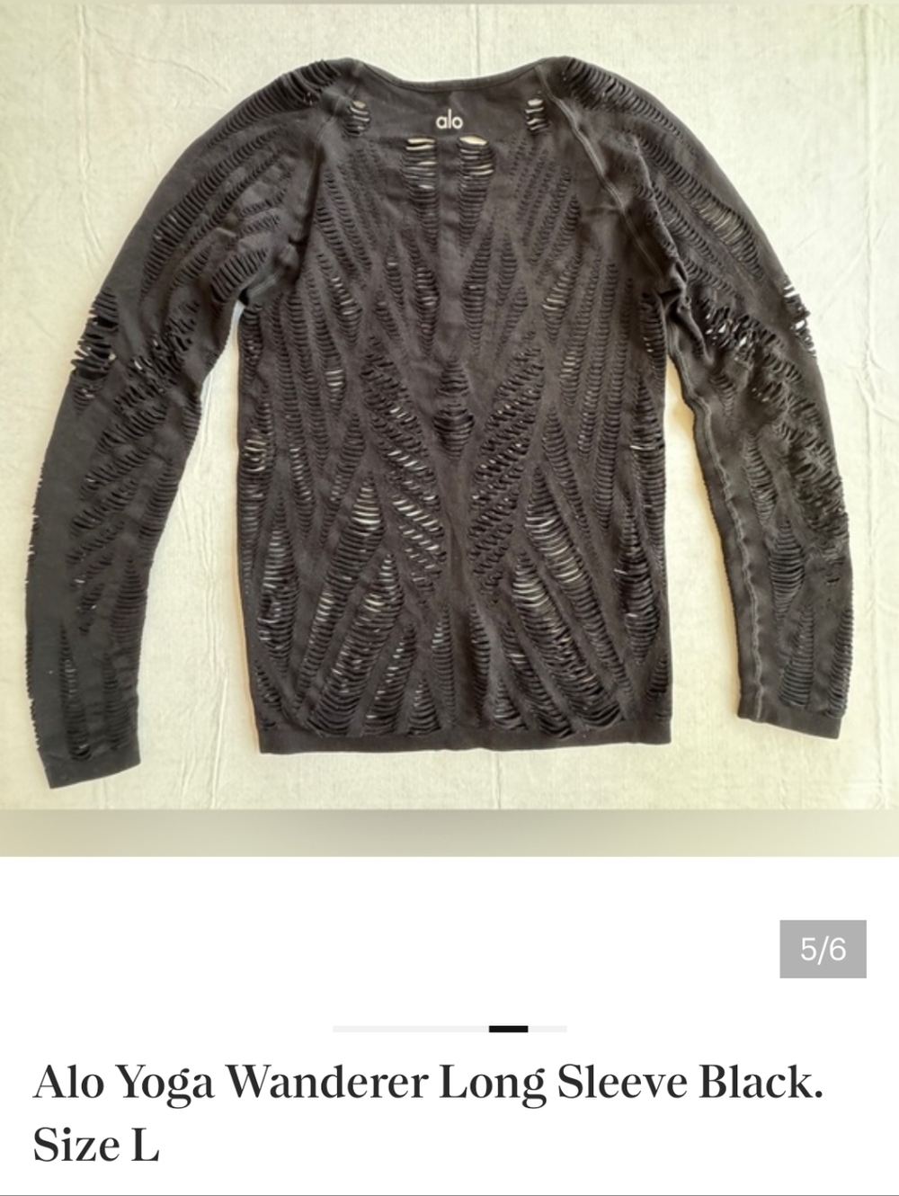 ALO Yoga Women’s Wanderer Distressed Knit Long Sleeved Top- Black